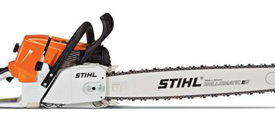 A white and orange Stihl chainsaw shown from the side against a plain white background.
