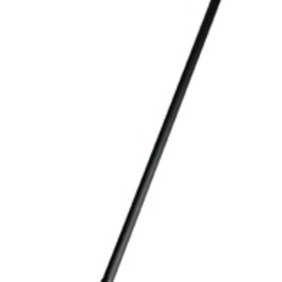 A long, black metal handle, likely part of a broom, mop, or tool, angled diagonally against a plain white background.