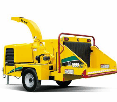 A yellow Vermeer BC1000XL towable wood chipper on a white background.
