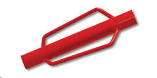 A red metal post driver with two sturdy handles on the sides, used for manually driving fence posts into the ground.