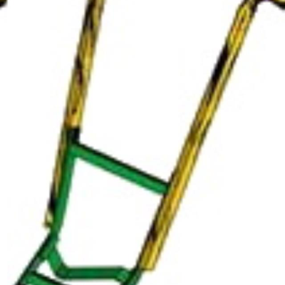 A green hand-operated plow with wooden handles, isolated against a white background.