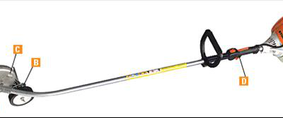 Orange and grey grass trimmer with a wheeled attachment at the cutting head, labeled with letters B, C, and D.