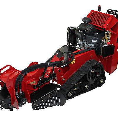 Red walk-behind stump grinder on tracks with a central engine, hydraulic hoses, and a front-mounted cutting wheel.