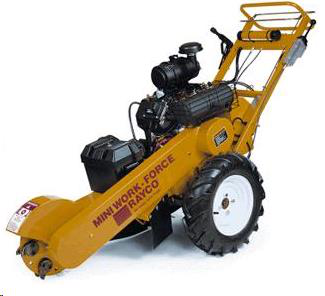 A yellow Rayco Mini Work-Force walk-behind stump grinder with a single cutting wheel and large lugged tires.