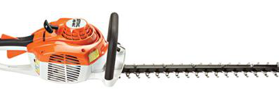 An orange and white gas-powered hedge trimmer with a long double-sided cutting blade on a plain white background.