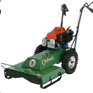 A green Outback walk-behind brush mower with a red engine, large knobby tires, and a metal deck on a white background.
