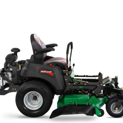 A side view of a black and green BOBCAT zero-turn riding lawn mower on a white background.