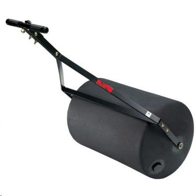 A black lawn roller with a long metal handle for pushing or pulling, isolated against a white background.