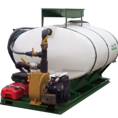 A large white, horizontal water tank mounted on a green metal frame, featuring a pump, motor, and red fuel tank.