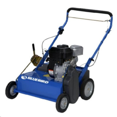 A blue BlueBird power lawn rake with a black engine and handle, designed for landscaping tasks, on a white background.