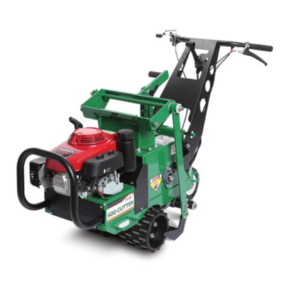 A green, walk-behind sod cutter with a red Honda engine on a white background.