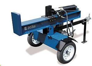 A blue hydraulic wood log splitter on wheels, viewed from a slightly elevated angle against a white background.