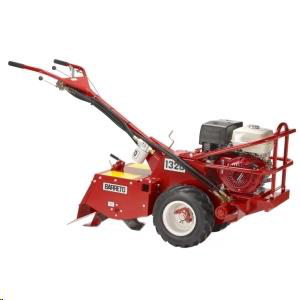 A red Barreto 1320 hydraulic walk-behind tiller with a gas engine on a white background.