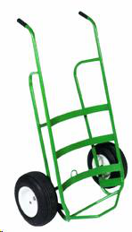 A green metal barrel hand truck with two large black wheels, designed for transporting cylindrical containers.
