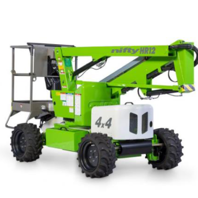 A bright green Nifty HR12 4x4 self-propelled articulating boom lift with a metal work platform on a white background.