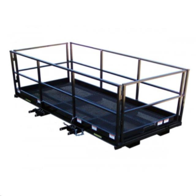A black, rectangular metal cargo carrier for a vehicle with a mesh floor and high perimeter safety railing.
