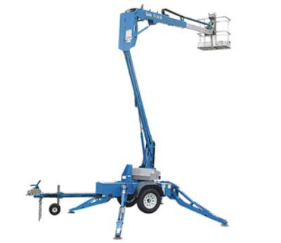 A blue Genie towable boom lift with an extended articulated arm and a metal work platform on a white background.