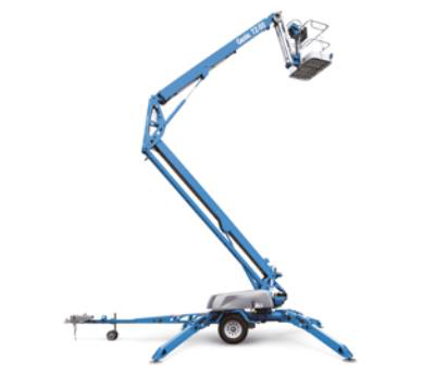 A blue Genie TZ-50 towable boom lift with its telescoping arm extended upward, set against a plain white background.