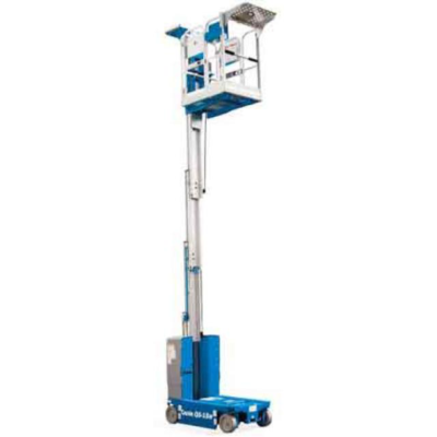 A blue and white vertical mast lift with an elevated work platform on a white background.