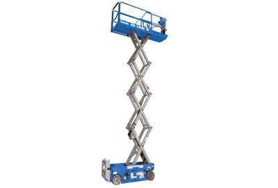 A blue scissor lift fully extended to its maximum height, standing against a plain white background.