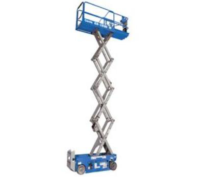 A blue Genie scissor lift fully extended to its maximum height, standing on a white background.