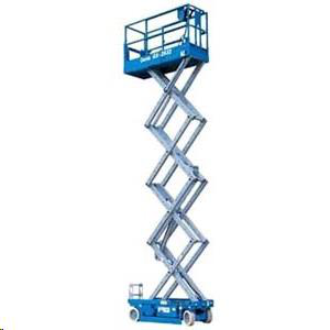 A blue scissor lift fully extended to its maximum height, standing on a plain white background.
