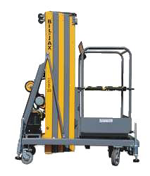 A yellow and gray Bil-Jax vertical personnel lift with a metal work platform on wheels, isolated against a white background.