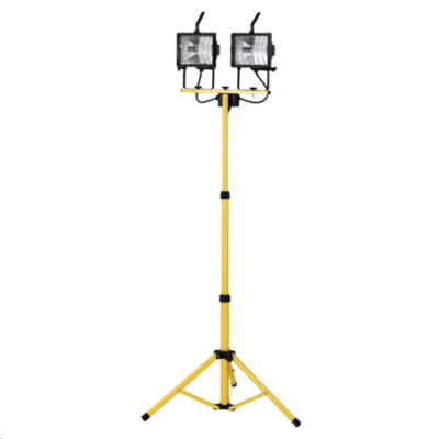 A yellow, dual-head portable LED work light stand with a tripod base.