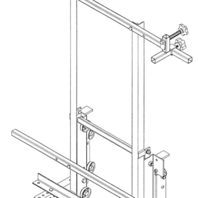 Line drawing of a metal framed structure with rollers and adjustable arms, likely a glass or board handling tool.