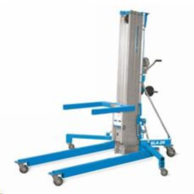 Blue and silver material lift on wheels, with adjustable platform.