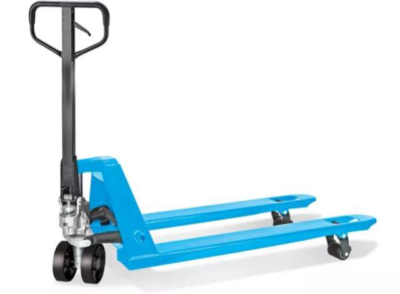 A bright blue manual pallet jack with black wheels and a steering handle, set against a plain white background.