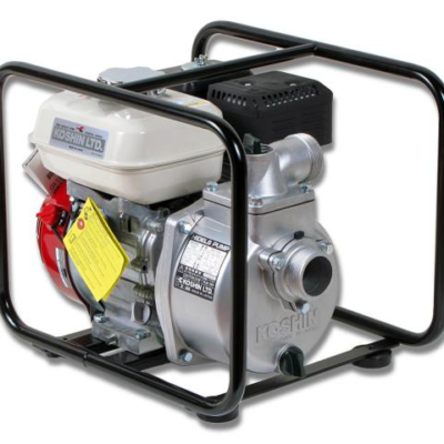 A Koshin engine-driven water pump in a black tubular metal frame, featuring a silver pump housing and white fuel tank.