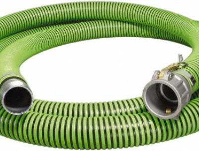 Green and black corrugated hose with metal fittings, coiled on white background.