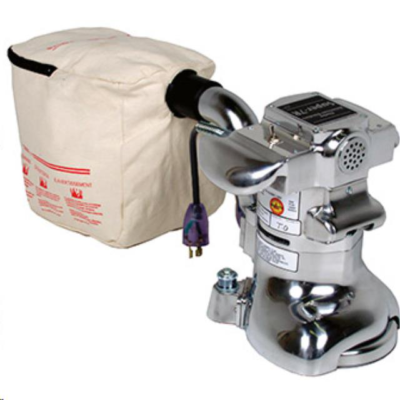 A chrome-finished floor edger sander with a white cloth dust collection bag attached, isolated on a white background.