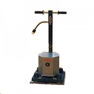 A gray, industrial floor sander with a vertical handle, metal base, and power cord, isolated on a white background.