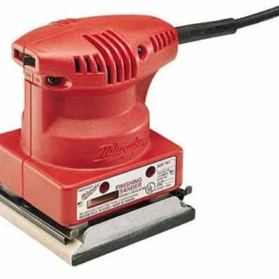 A red Milwaukee quarter-sheet finishing sander with a power cord, shown on a plain white background.