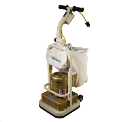 A beige, upright industrial floor sander with a fabric dust collection bag and dual-handle steering mechanism.