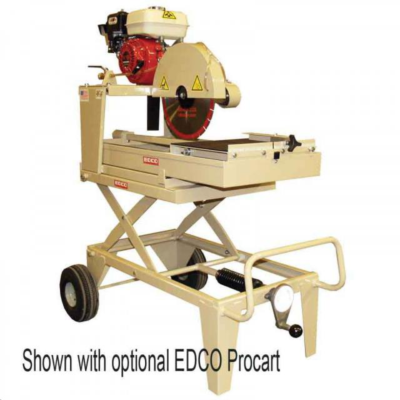 A beige gas-powered masonry saw mounted on an adjustable-height wheeled cart.