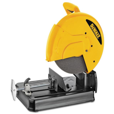 A yellow and black DeWalt metal chop saw sitting on a flat surface.