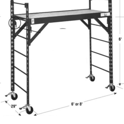 A metal rolling scaffold unit with a platform, wheels, and a 6-foot height, measuring 29 inches wide and 6 or 8 feet long.