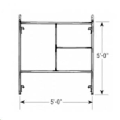 A technical line drawing of a 5-foot by 5-foot scaffolding frame showing the vertical posts and horizontal support bars.