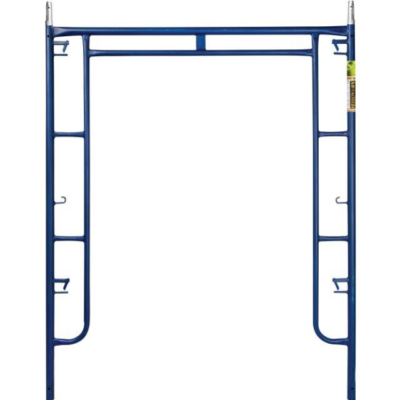 A blue steel masonry scaffold frame with a walk-through arch and side ladder rungs on a white background.