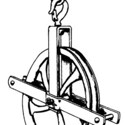 A black-and-white line drawing of a metal pulley block with a hook at the top, showing the wheel and casing structure.
