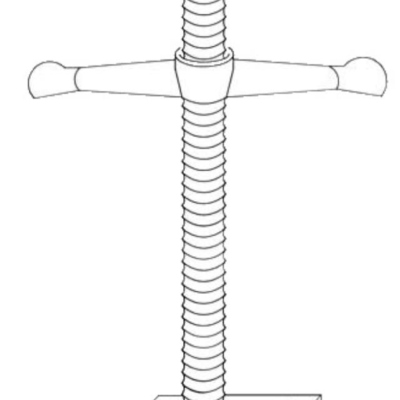 A line drawing of a metal threaded screw jack used for leveling scaffolding or heavy support.