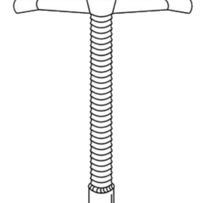 A line drawing of a scaffolding screw jack with a threaded stem and a base plate, used for leveling industrial supports.