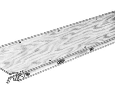 A metal-framed wooden scaffolding plank with hook attachments for secure mounting.
