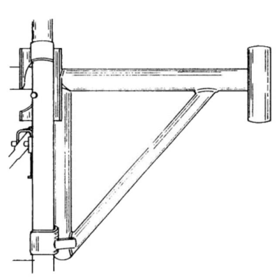 A side-view, line-drawing illustration of a metal scaffold bracket attached to a vertical pole.