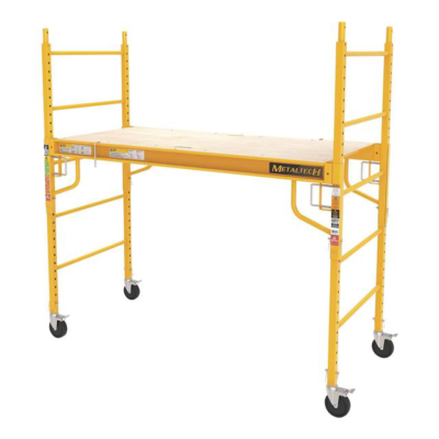 A yellow indoor scaffold tower featuring a flat wooden platform, a ladder-frame side design, and four rolling casters.