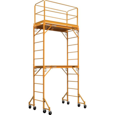 A tall yellow metal scaffold tower with safety rails and caster wheels, standing against a white background.