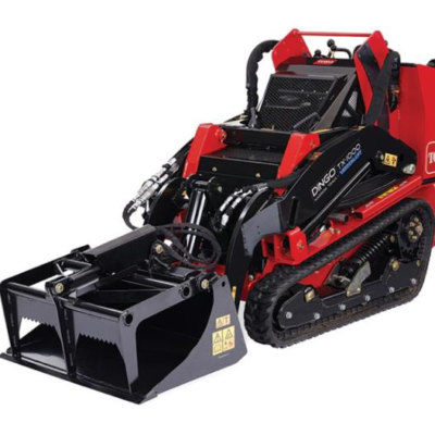 A red Toro Dingo TX 1000 compact track loader with a grapple bucket attachment, shown on a white background.